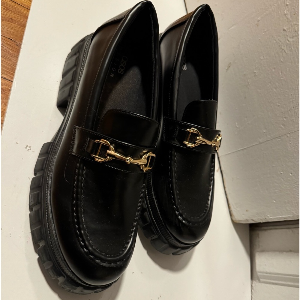 Black Leather Loafers with Gold Bit Hardware - Women's Flats